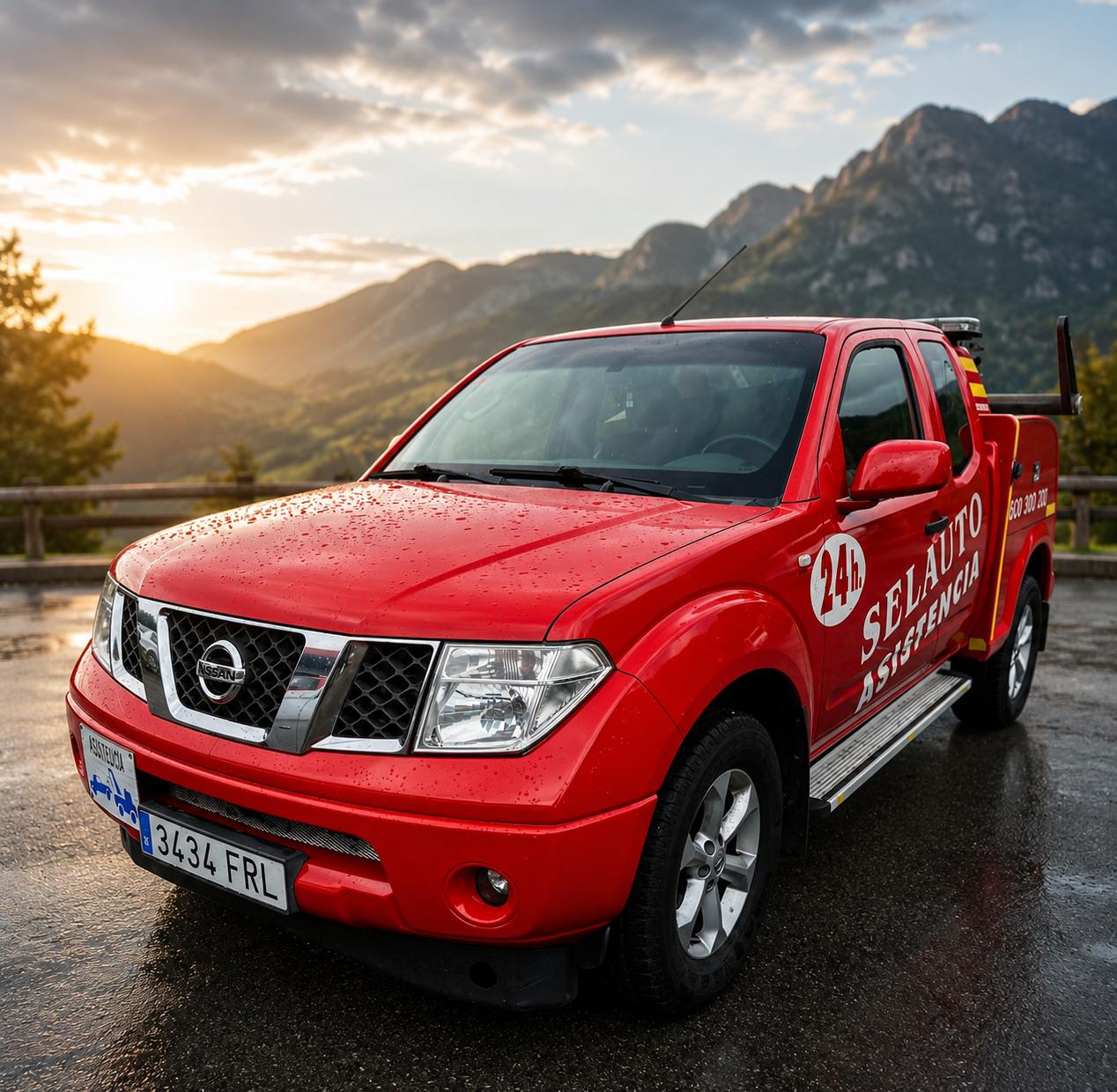 Vehículo rojo de asistencia Selauto en carretera de montaña
