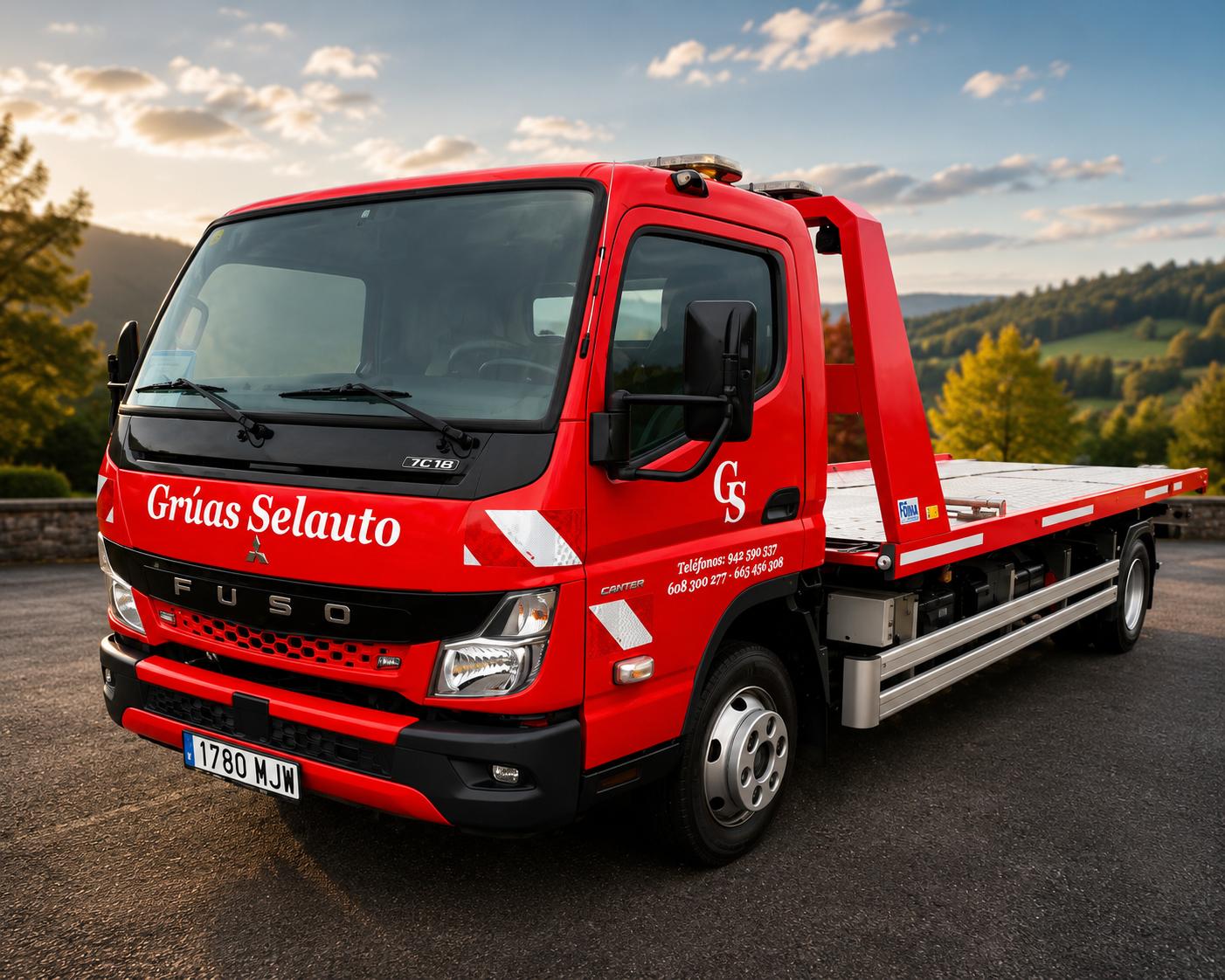 Grúa roja de plataforma larga de Grúas Selauto