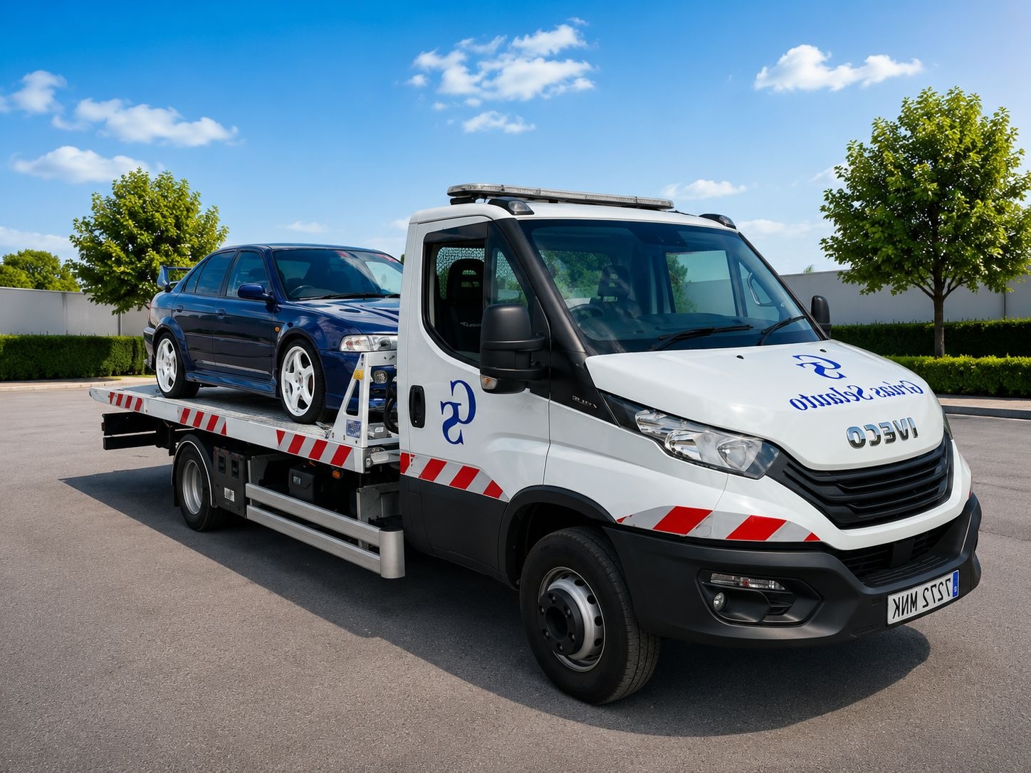 Grúa blanca Iveco de Grúas Selauto transportando un turismo azul